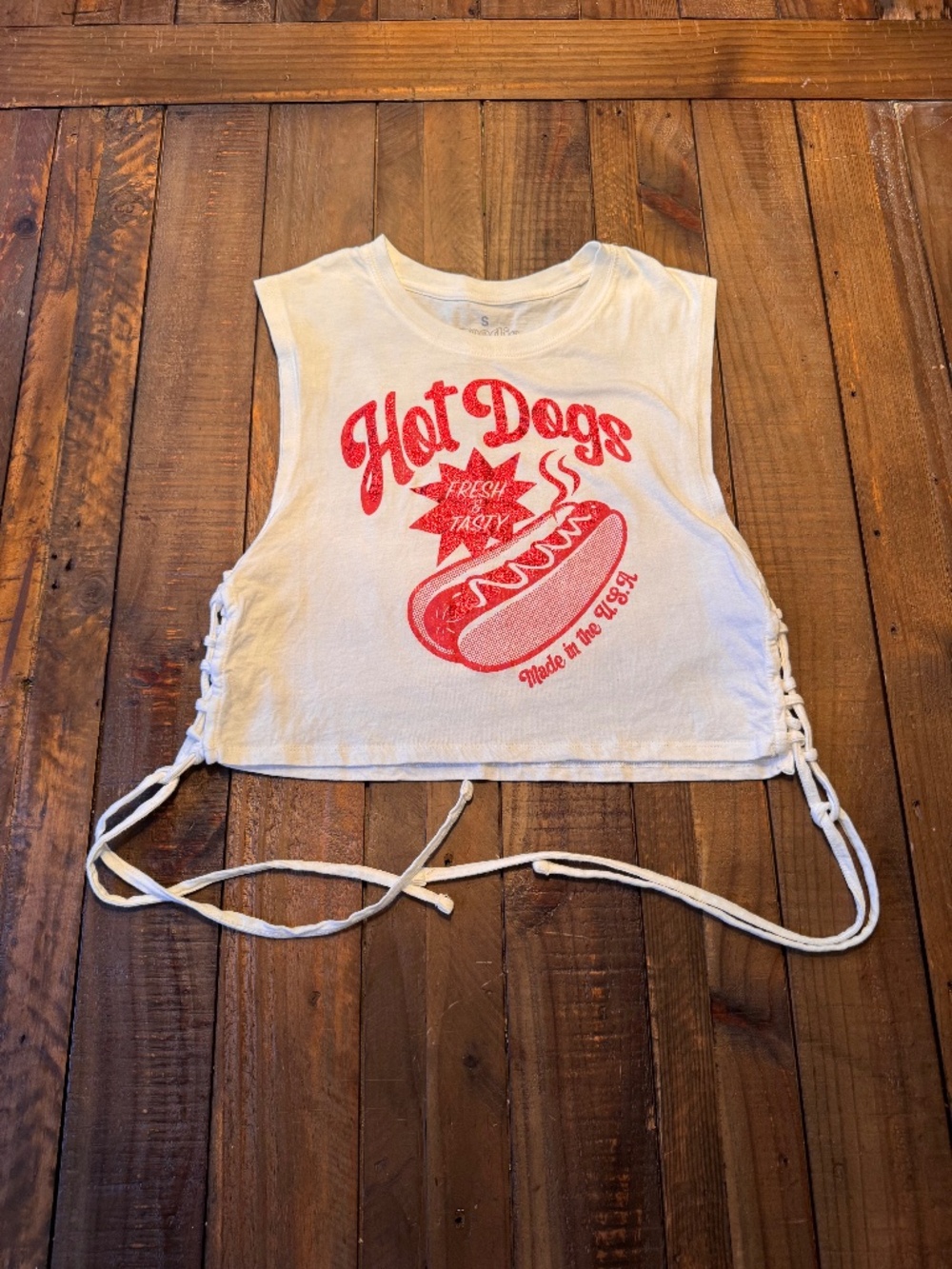 Goodie Two Sleeves Sleeveless 100% Cotton Hot Dog Crop Top With Ties. Size Small